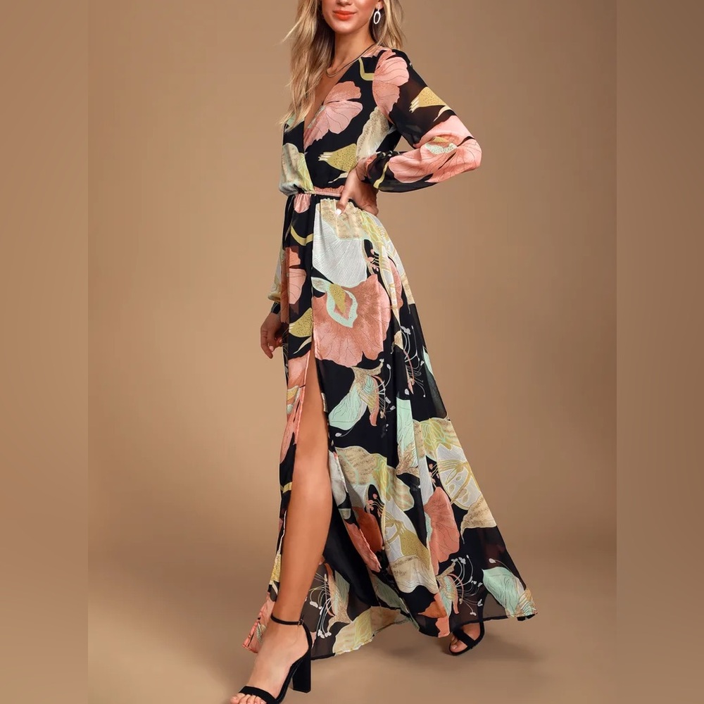 Lulus Wondrous Water Lilies Black Floral Print Maxi Dress
